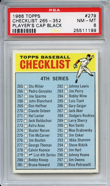 1966 Topps 279 4th Series Checklist Cap Black PSA NM-MT 8