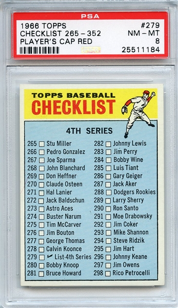 1966 Topps 279 4th Series Checklist Cap Red PSA NM-MT 8