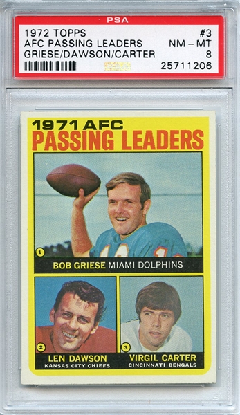 1972 Topps 3 AFC Passing Leaders Griese Dawson PSA NM-MT 8