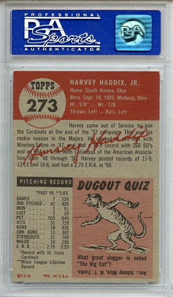 1953 Topps 273 Harvey Haddix RC PSA NM-MT 8