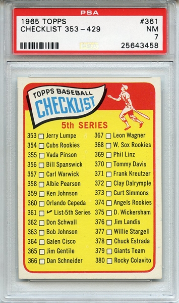 1965 Topps 361 5th Series Checklist PSA NM 7