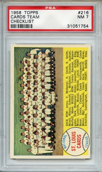 1958 Topps 216 St. Louis Cardinals Team PSA NM 7