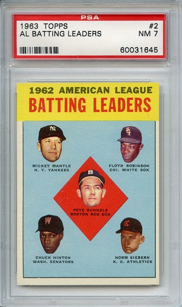 1963 Topps 2 AL Batting Leaders Mickey Mantle PSA NM 7