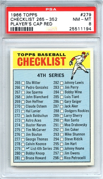 1966 Topps 279 4th Series Checklist Players Cap Red PSA NM-MT 8