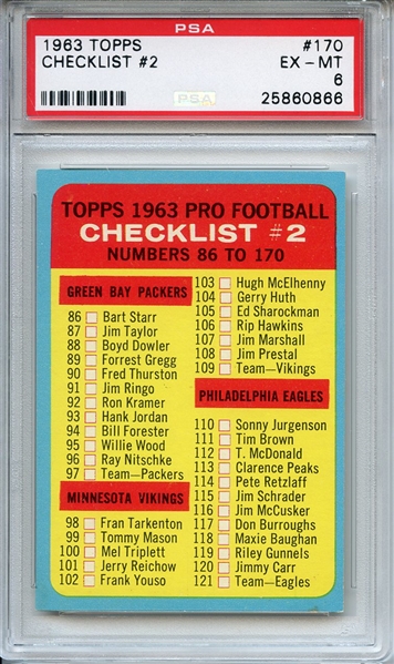 1963 Topps 170 Checklist 2 PSA EX-MT 6