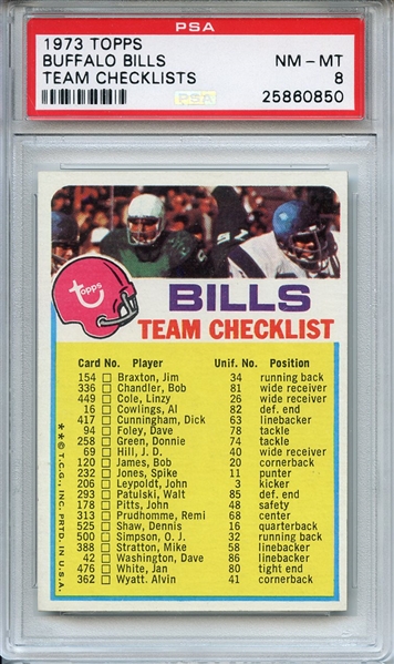 1973 Topps Team Checklists Buffalo Bills PSA NM-MT 8
