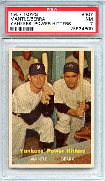 1957 Topps 407 Mantle Berra Yankees' Power Hitters PSA NM 7