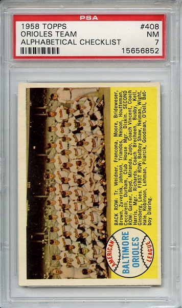 1958 Topps 408 Baltimore Orioles Team PSA NM 7