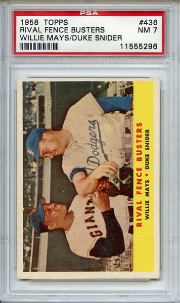1958 Topps 436 Rival Fence Busters Mays Snider PSA NM 7