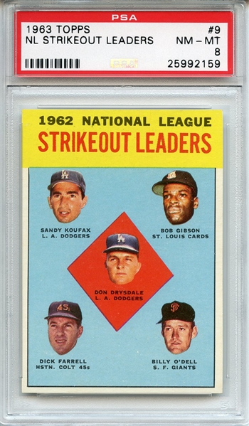 1963 Topps 9 NL Strikeout Leaders Koufax Gibson Drysdale PSA NM-MT 8