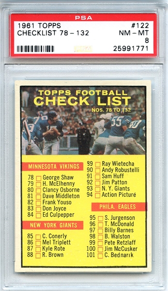 1961 Topps 122 Football Checklist PSA NM-MT 8