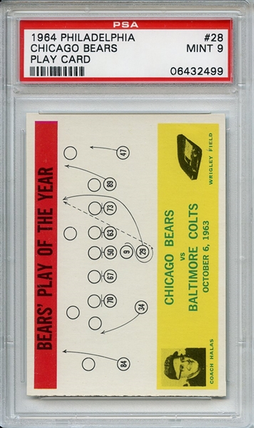 1964 Philadelphia 28 Chicago Bears Play Card George Halas PSA MINT 9