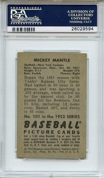 1952 Bowman 101 Mickey Mantle PSA NM 7