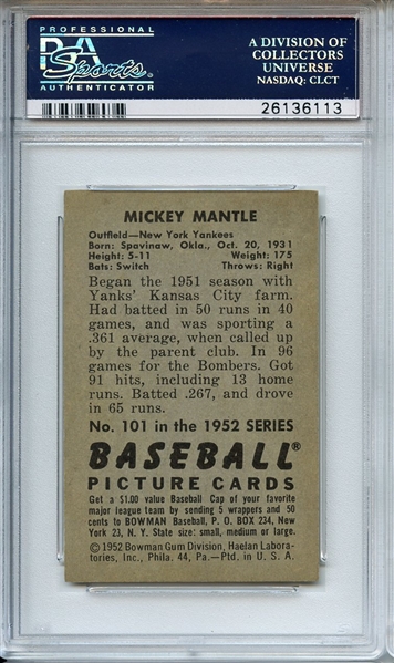 1952 BOWMAN 101 MICKEY MANTLE PSA NM 7