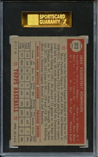 1952 Topps 312 Jackie Robinson SGC NM+ 86 / 7.5