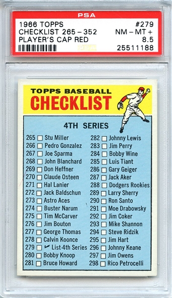 1966 TOPPS 279 CHECKLIST 265-352 PLAYER'S CAP RED PSA NM-MT+ 8.5