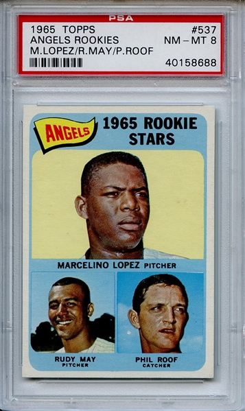 1965 TOPPS 537 ANGELS ROOKIES M.LOPEZ/R.MAY/P.ROOF PSA NM-MT 8