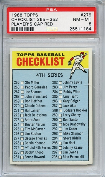 1966 TOPPS 279 CHECKLIST 265-352 PLAYER'S CAP RED PSA NM-MT 8