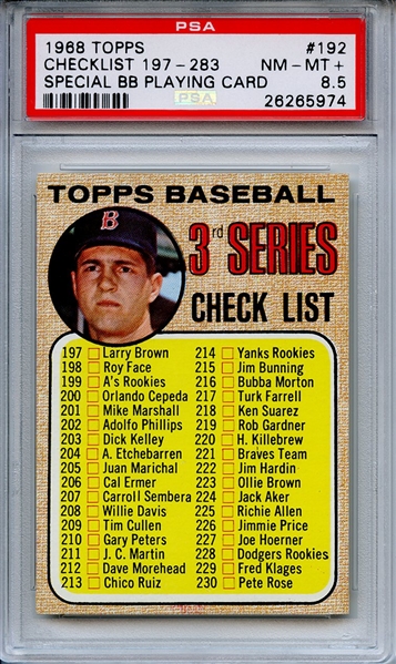 1968 TOPPS 192 CHECKLIST 197-283 SPECIAL BB PLAYING CARD PSA NM-MT+ 8.5