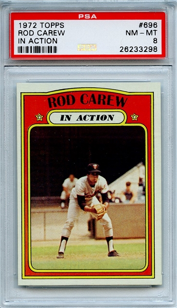 1972 TOPPS 696 ROD CAREW IN ACTION PSA NM-MT 8