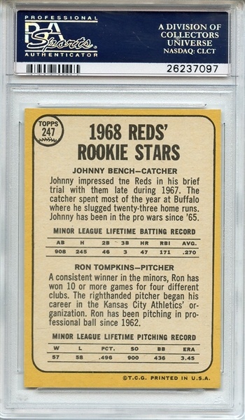 1968 TOPPS 247 JOHNNY BENCH RC PSA NM-MT+ 8.5