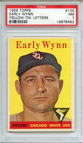 1958 TOPPS 100 EARLY WYNN YELLOW TM. LETTERS PSA NM 7