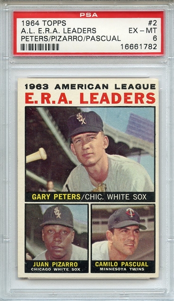 1964 TOPPS 2 A.L. E.R.A. LEADERS PETERS/PIZARRO/PASCUAL PSA EX-MT 6