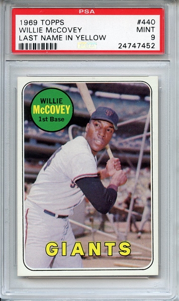 1969 TOPPS 440 WILLIE McCOVEY LAST NAME IN YELLOW PSA MINT 9
