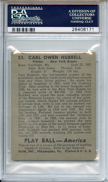 1939 PLAY BALL 53 CARL HUBBELL PSA MINT 9