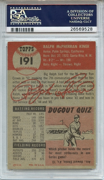 1953 TOPPS 191 RALPH KINER PSA NM-MT 8