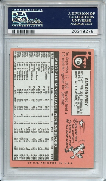 1969 TOPPS 485 GAYLORD PERRY LAST NAME IN WHITE PSA NM-MT 8