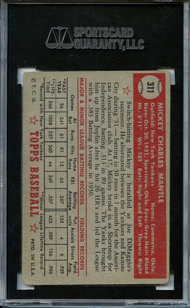 1952 TOPPS 311 MICKEY MANTLE RC SGC VG 40 / 3
