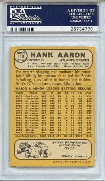 1968 TOPPS 110 HANK AARON PSA NM-MT+ 8.5