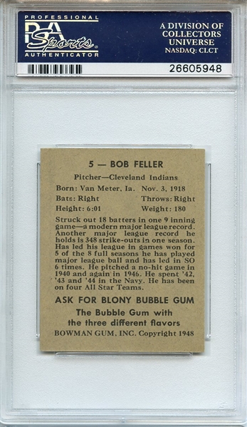 1948 BOWMAN 5 BOB FELLER RC PSA MINT 9