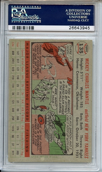 1956 TOPPS 135 MICKEY MANTLE GRAY BACK PSA EX-MT+ 6.5