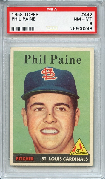 1958 TOPPS 442 PHIL PAINE PSA NM-MT 8