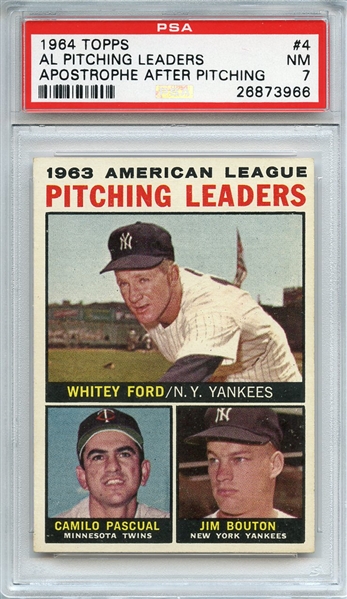 1964 TOPPS 4 AL PITCHING LEADERS APOSTROPHE AFTER PITCHING PSA NM 7