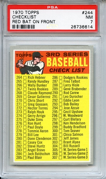 1970 TOPPS 244 CHECKLIST RED BAT ON FRONT PSA NM 7