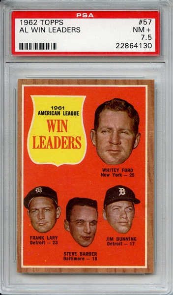 1962 TOPPS 57 AL WIN LEADERS PSA NM+ 7.5