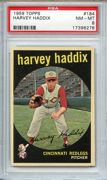 1959 TOPPS 184 HARVEY HADDIX PSA NM-MT 8