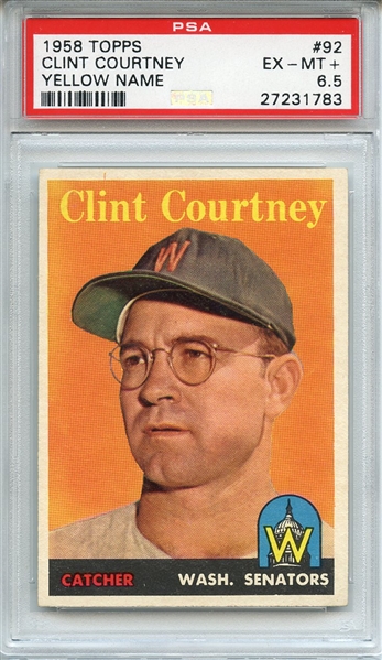 1958 TOPPS 92 CLINT COURTNEY YELLOW NAME PSA EX-MT+ 6.5