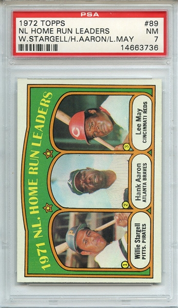 1972 TOPPS 89 NL HOME RUN LEADERS W.STARGELL/H.AARON/L.MAY PSA NM 7
