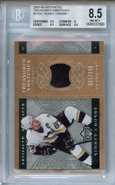 2007 ARTIFACTS TREASURED SWATCHES TSSC SIDNEY CROSBY 021/299 BGS NM-MT+ 8.5