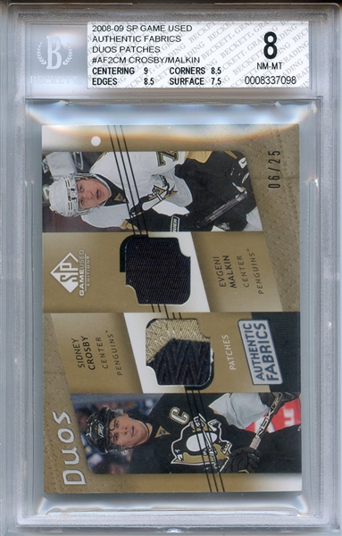 2008 SP GAME USED AUTHENTIC FABRIC DUOS PATCHES SIDNEY CROSBY 06/25 BGS NM-MT 8