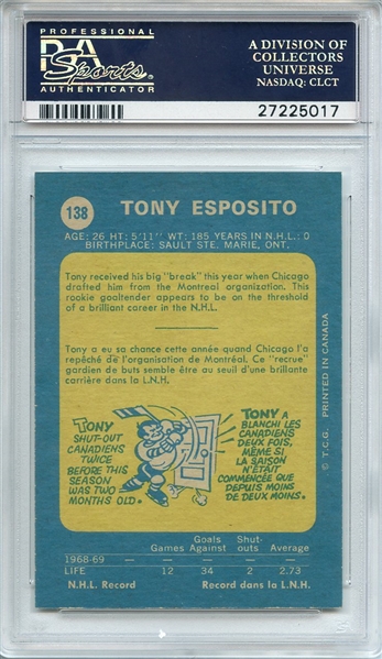 1969 O-PEE-CHEE 138 TONY ESPOSITO RC PSA MINT 9