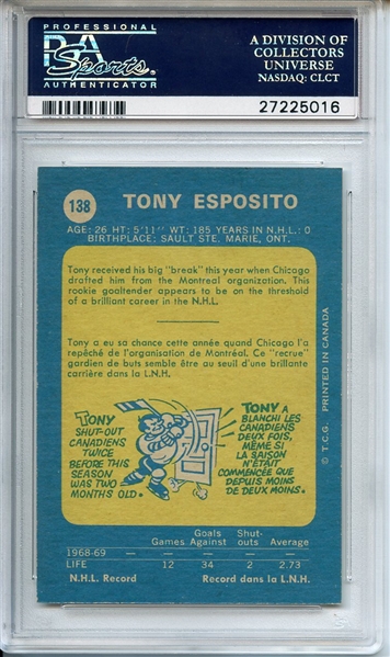 1969 O-PEE-CHEE 138 TONY ESPOSITO RC PSA MINT 9