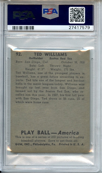 1939 PLAY BALL 92 TED WILLIAMS RC PSA EX-MT+ 6.5