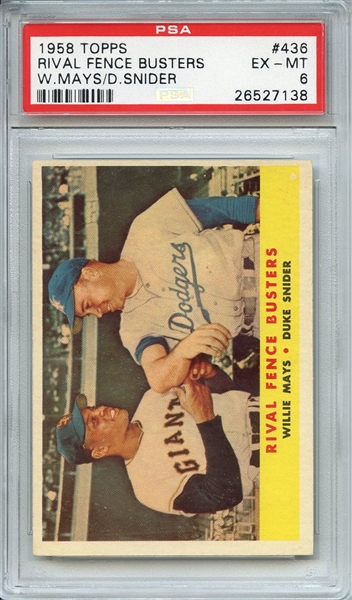 1958 TOPPS 436 RIVAL FENCE BUSTERS W.MAYS/D.SNIDER PSA EX-MT 6