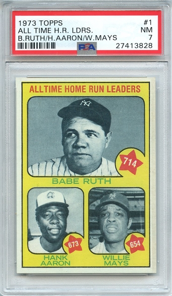 1973 TOPPS 1 ALL TIME H.R. LDRS. B.RUTH/H.AARON/W.MAYS PSA NM 7