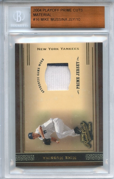 2004 PLAYOFF PRIME CUTS MATERIAL GAME USED JERSEY 16 MIKE MUSSINA #4/10 BGS
